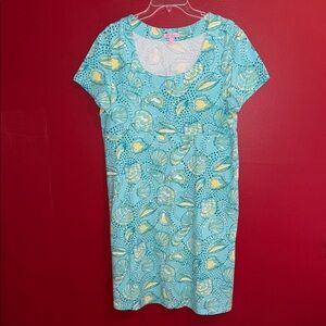 Lilly Pulitzer Shorley Teal Seashell Tunic Short Sleeve Dress XL